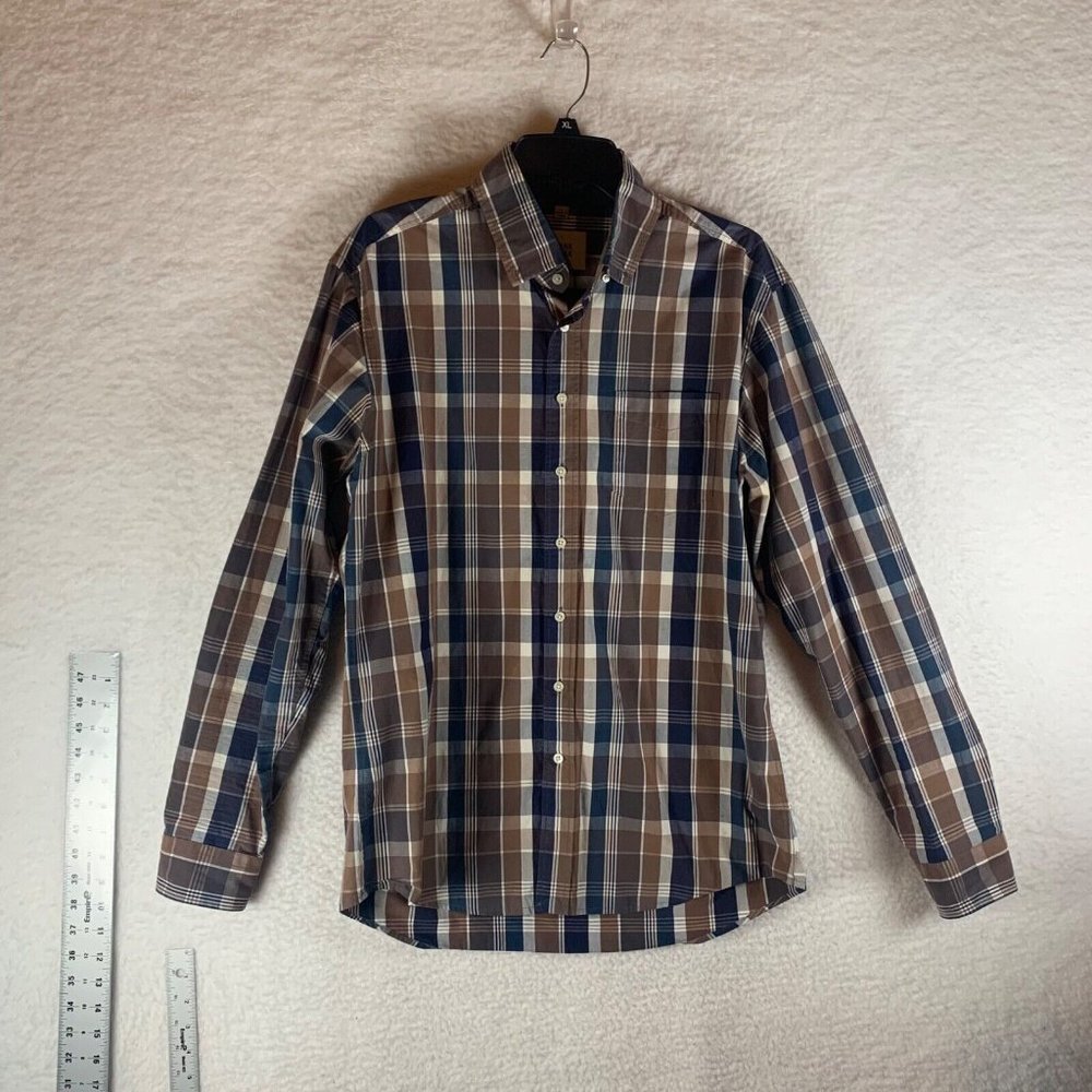 Frank & Oak Men's Navy Brown Button Up Long Sleeve Plaid Shirt Cotton Large 8975